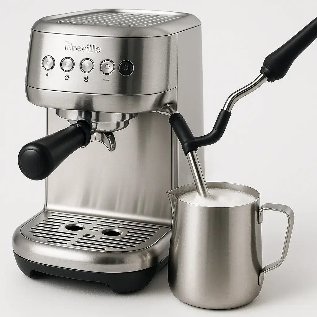 سیستم فوم شیر اتوماتیک بریویل بامبینو پلاس در حال تولید میکروفوم یکدست برای لاته آرت با دمای 65 درجه