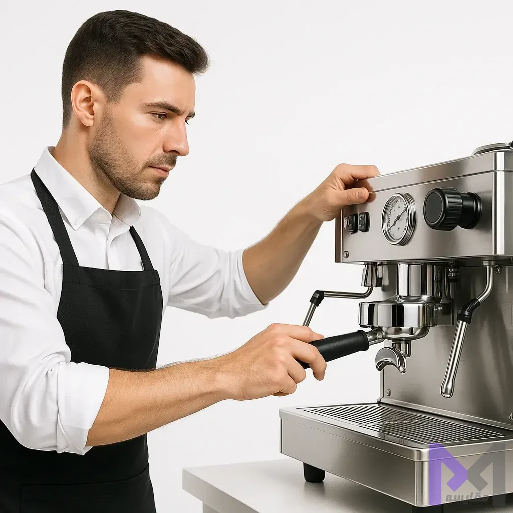 مهارت باریستا در کار با اسپرسوساز باریستا حرفهای در حال کار با دستگاه اسپرسوساز کافیشاپی و تنظیمات دقیق