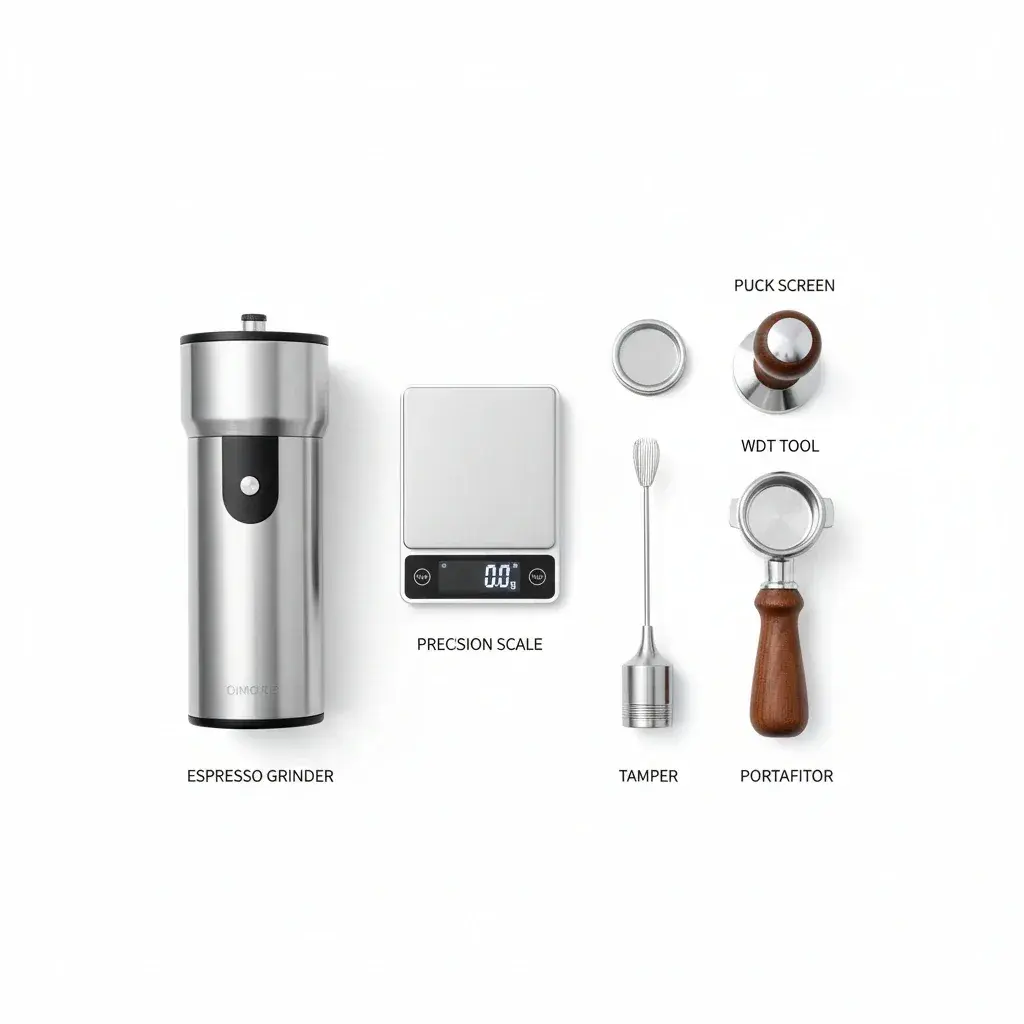 ست کامل تجهیزات اسپرسوساز خانگی برای مبتدی‌ها شامل دستگاه، آسیاب، تمپر، ترازو و ابزارهای توزیع