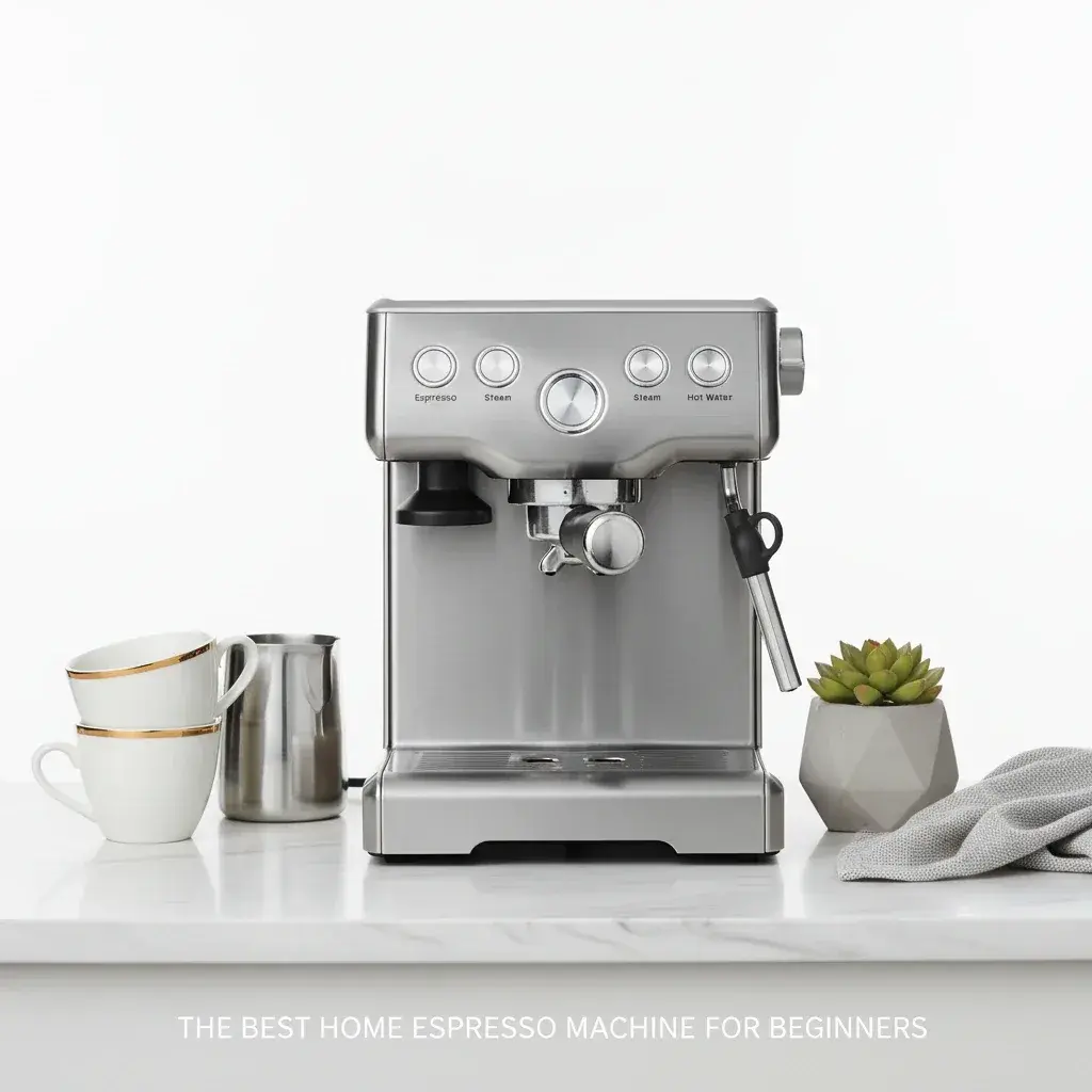 اسپرسوساز خانگی برای مبتدیان با طراحی ساده و کاربری آسان روی میز آشپزخانه مدرن