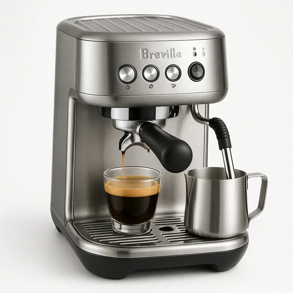 طراحی کامپکت دستگاه اسپرسوساز بریویل بامبینو پلاس با بدنه استیل براش شده و ابعاد فشرده مناسب آشپزخانه کوچک