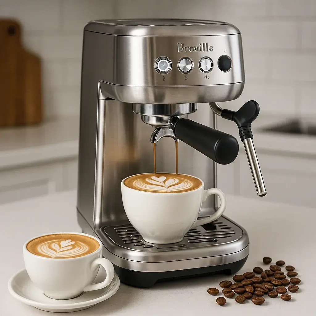 دستگاه اسپرسوساز بریویل بامبینو پلاس در محیط واقعی آشپزخانه با لیوان کاپوچینو با لاته آرت و دان قهوه تازه