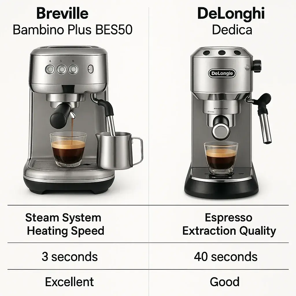 جدول مقایسه تخصصی دستگاه اسپرسوساز بریویل بامبینو پلاس و دلونگی ددیکا از نظر سرعت گرم شدن، سیستم فوم و کیفیت استخراج