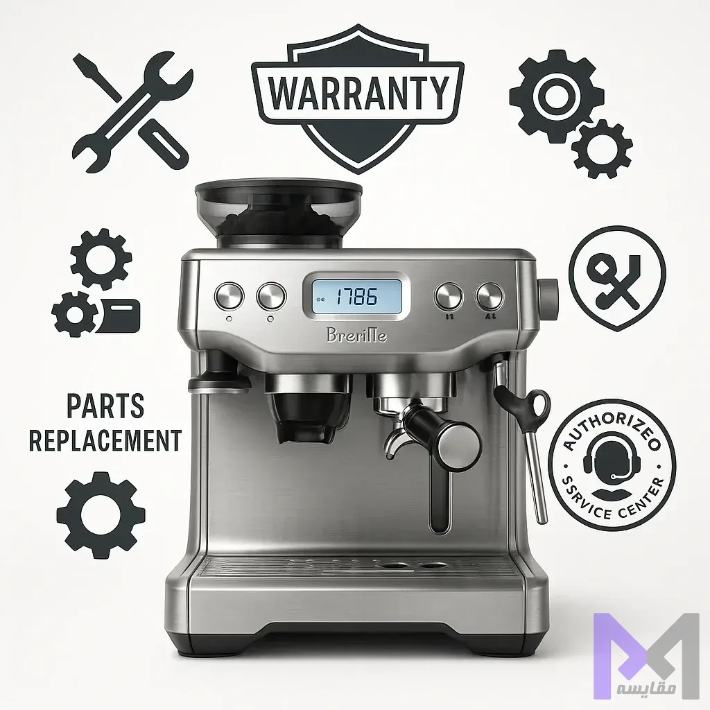 گارانتی Breville BES878 جزئیات گارانتی و خدمات پس از فروش Breville Barista Pro BES878 شامل تعویض قطعات و پشتیبانی فنی در مراکز مجاز