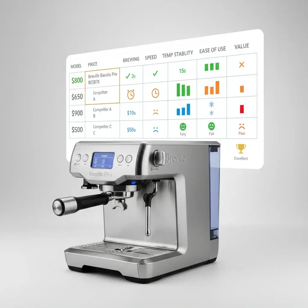 جدول مقایسه دستگاه بریویل باریستا پرو با رقبا از نظر قیمت عملکرد و امکانات