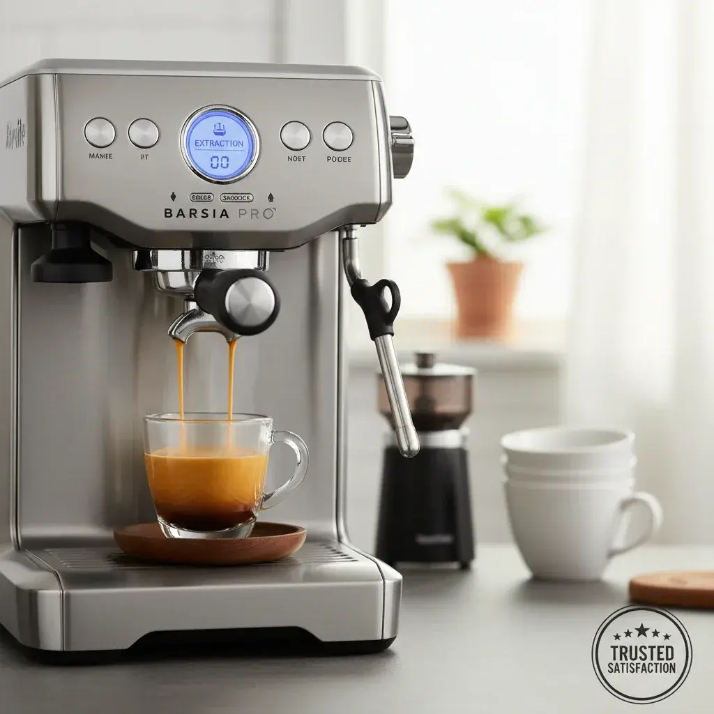 استخراج اسپرسو با BES878 فرآیند استخراج اسپرسو با کرمای غلیظ طلایی از دستگاه بریویل باریستا پرو BES878 در آشپزخانه خانگی