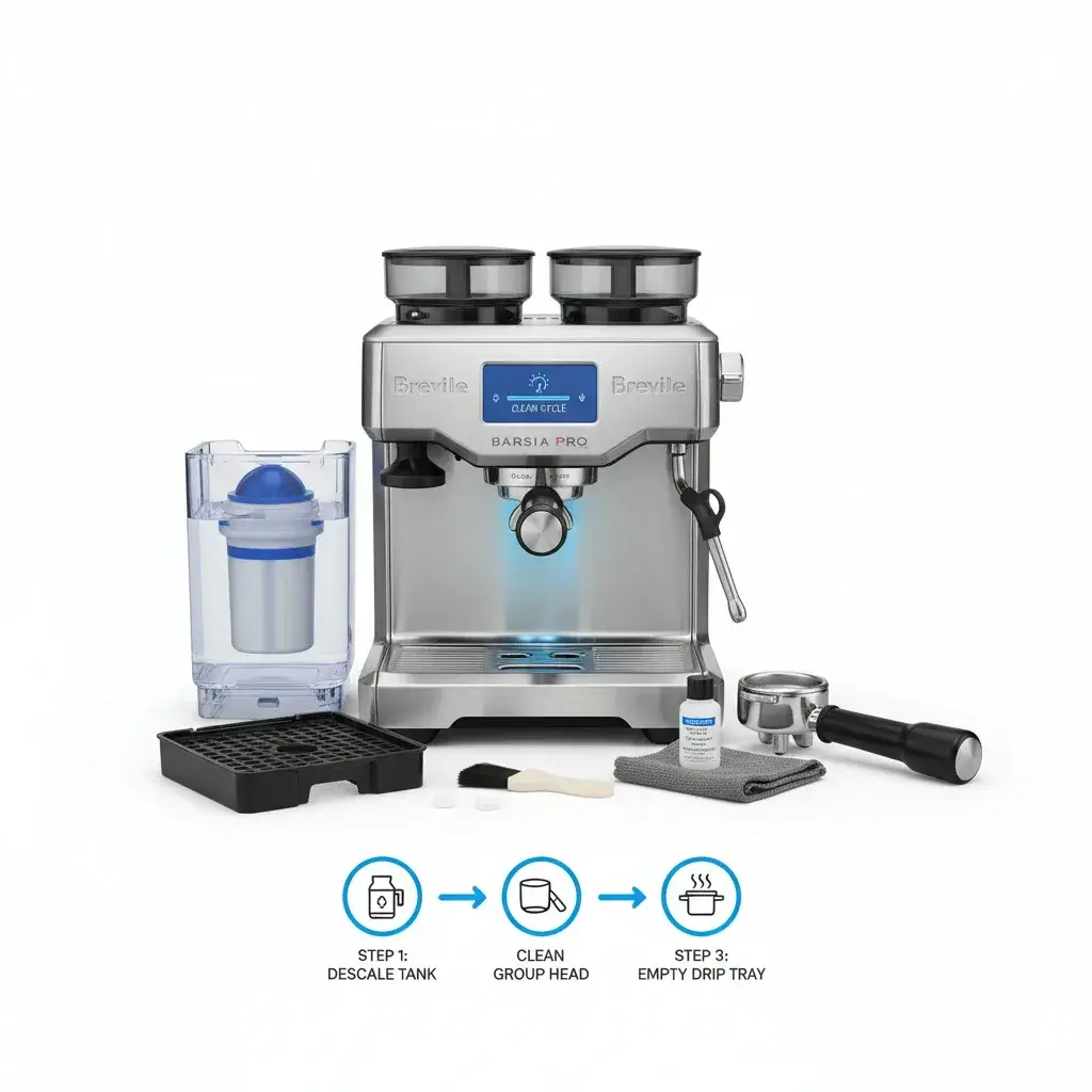 فرایند تمیزکاری و رسوب‌زدایی دستگاه اسپرسوساز بریویل باریستا پرو برای نگهداری بلندمدت