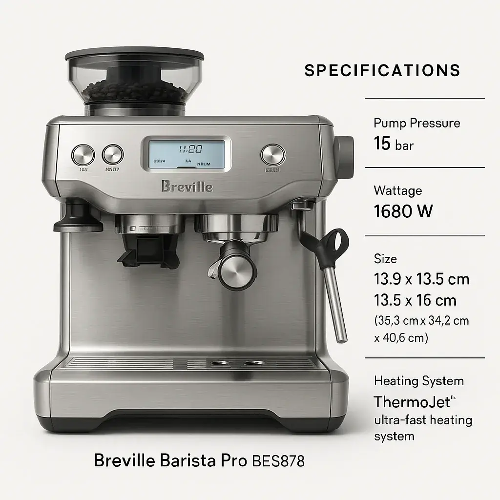جدول کامل مشخصات فنی دستگاه اسپرسوساز بریویل باریستا پرو شامل توان، فشار و ابعاد