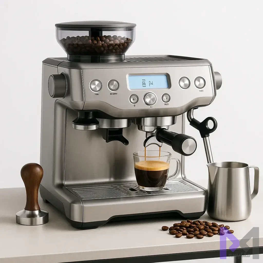 Breville Barista Pro در خانه میز قهوه خانگی مجهز به Breville Barista Pro BES878 همراه با آسیاب داخلی و تجهیزات باریستا