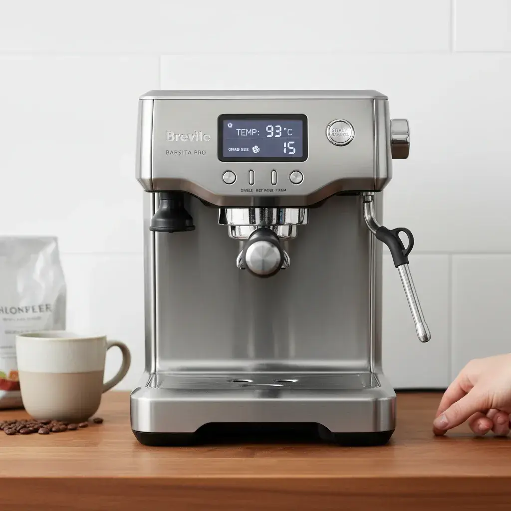 نمایشگر و کنترلهای BES878 نمایشگر دیجیتال LCD و رابط کاربری دستگاه بریویل باریستا پرو با نمایش دما و تنظیمات آسیاب