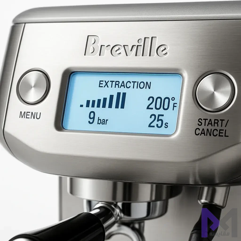 رابط کاربری باریستا پرو نمایشگر LCD دستگاه Breville Barista Pro BES878 که تنظیمات فشار، دما و زمان عصارهگیری را نشان میدهد