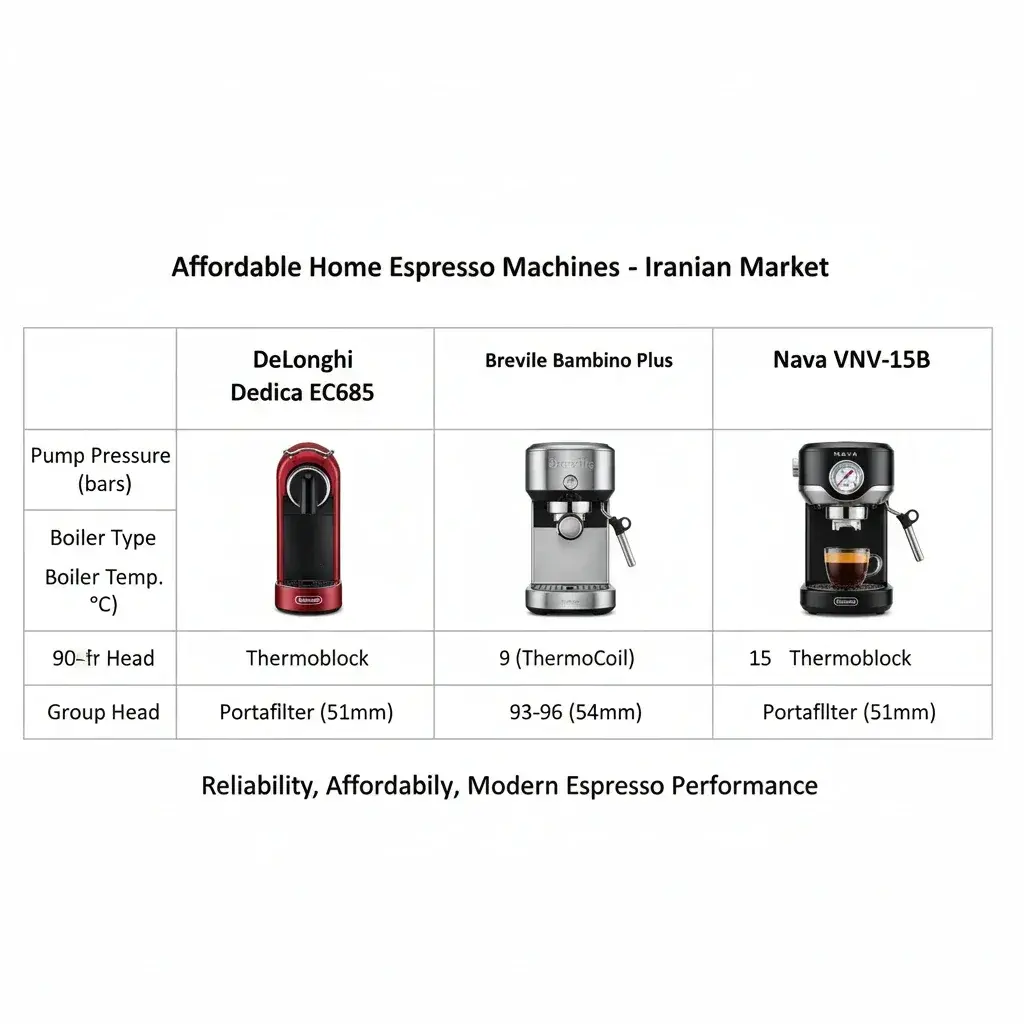 جدول مقایسه جامع ویژگی‌های فنی اسپرسوسازهای ارزان قیمت شامل دلونگی، بریویل و ناوا در بازار ایران
