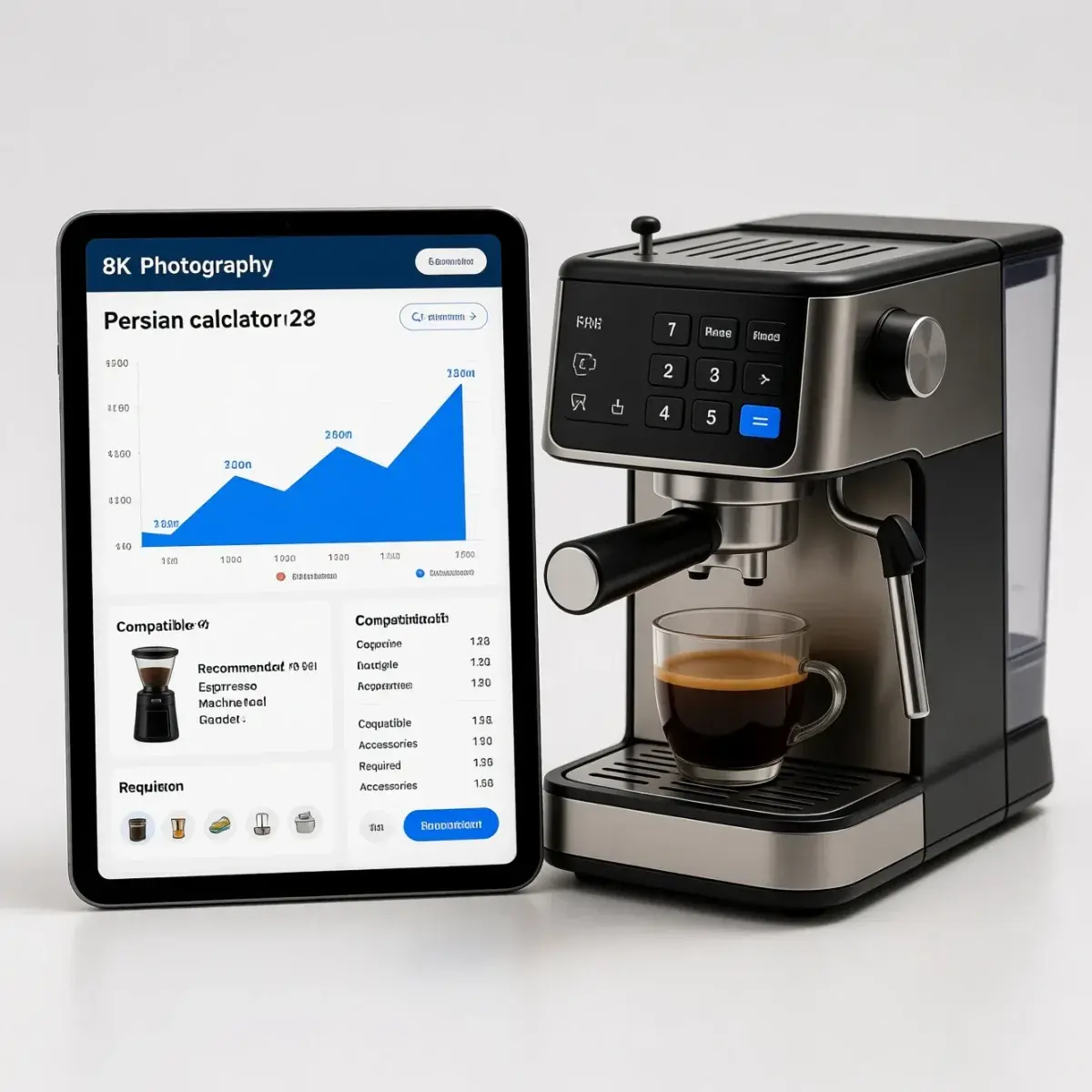 نمایش نتایج محاسبه‌گر با جزئیات توزیع بودجه، مدل پیشنهادی، آسیاب سازگار و لوازم جانبی مورد نیاز