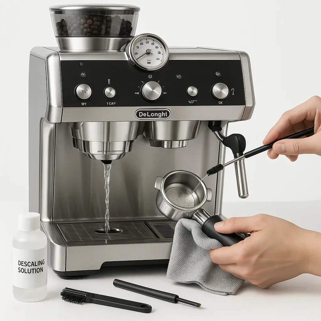 روش صحیح تمیز کردن روزانه و نگهداری دلونگی لا اسپشیالیستا EC9355 شامل پورتافیلتر و نازل بخار