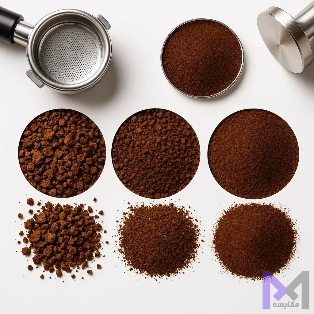 یکنواختی اندازه آسیاب قهوه نمای میکروسکوپی ذرات قهوه آسیاب شده با اندازههای مختلف و تأثیر یکنواختی بر استخراج