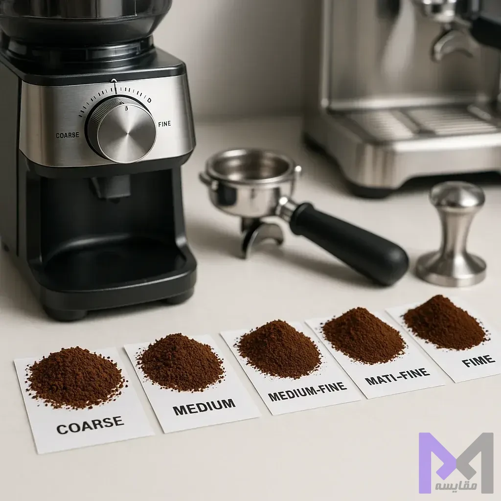 آموزش تنظیم آسیاب برای اسپرسو تنظیم درجه آسیاب قهوه برای اسپرسو با نمایش سطوح مختلف ریز بودن ذرات