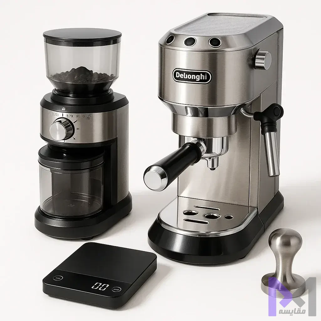 لوازم جانبی اسپرسوساز مجموعه کامل تهیه اسپرسو شامل آسیاب قهوه Burr، اسپرسوساز دلونگی، ترازو دیجیتال و تمپر حرفهای