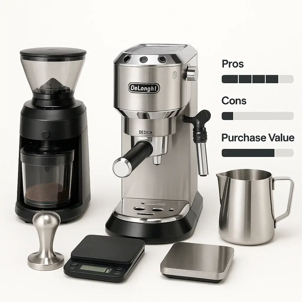 لوازم جانبی اسپرسوساز لوازم جانبی ضروری اسپرسوساز شامل آسیاب، تمپر، ترازو دیجیتال و پارچ شیر برای تهیه اسپرسو