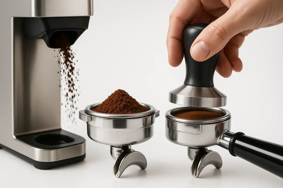 آمادهسازی پورتافیلتر فرآیند کامل آمادهسازی پورتافیلتر شامل آسیاب کردن، دوزینگ و تمپینگ قهوه برای استخراج اسپرسوی حرفهای