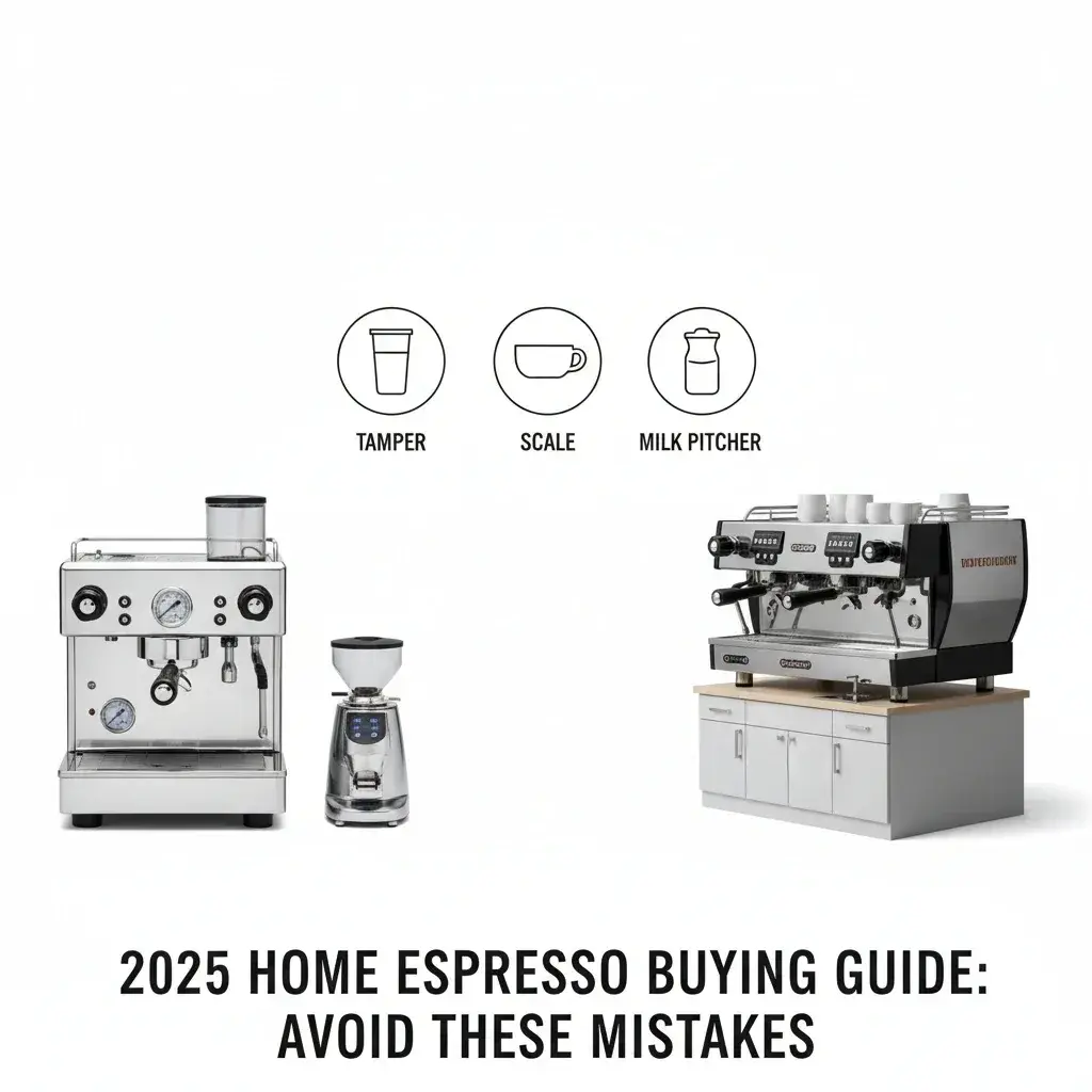 اشتباهات خرید اسپرسوساز نمایش اشتباهات رایج در خرید اسپرسوساز شامل خرید دستگاه گران بدون آسیاب خوب، نادیده گرفتن نیاز به لوازم جانبی و انتخاب نادرست سایز