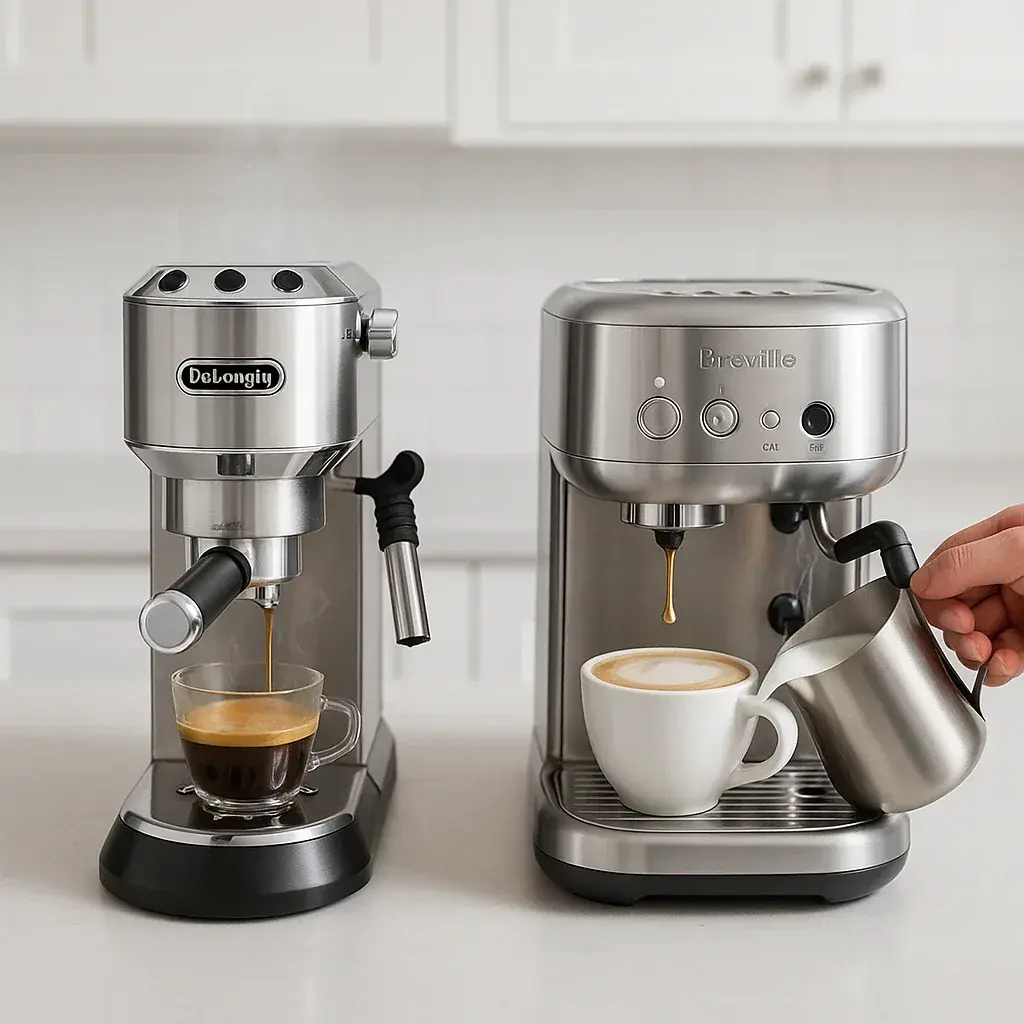 تجربه کاربری روزمره استفاده روزانه از اسپرسوساز در آشپزخانه خانگی شامل تهیه اسپرسو و فوم شیر صبحگاهی