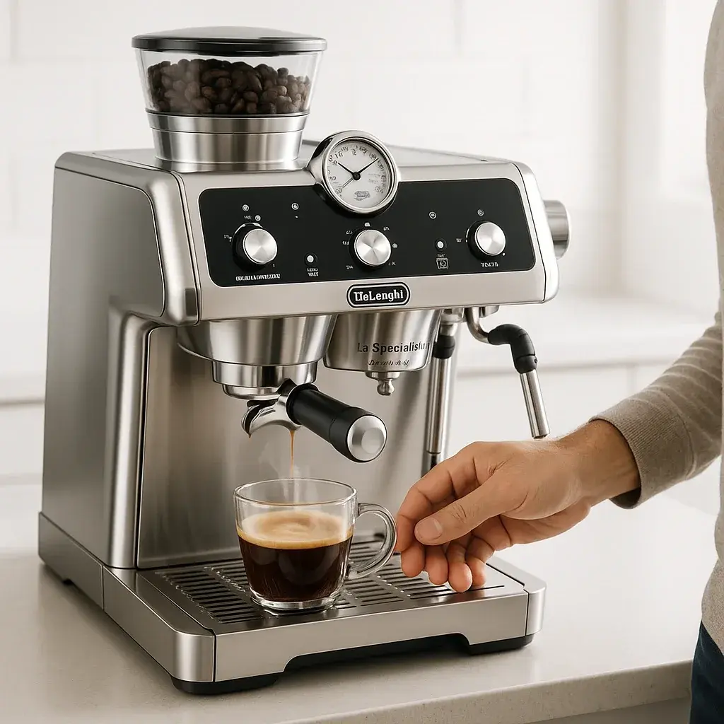 تجربه استفاده روزمره استفاده روزانه از دستگاه دلونگی پرستیژیو در آشپزخانه خانگی برای تهیه قهوه صبحانه