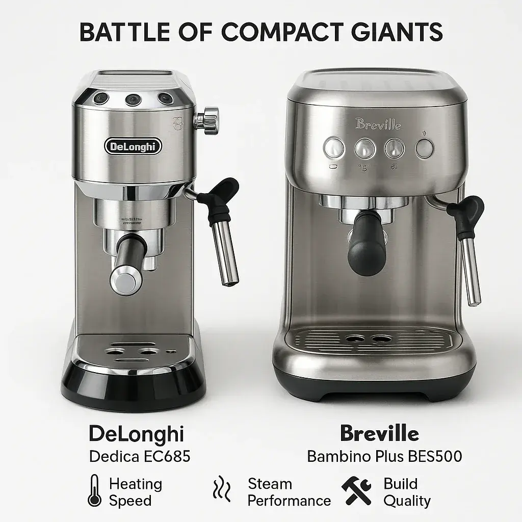 مقایسه دلونگی دِدیکا با بریویل بامبینو پلاس مقایسه DeLonghi Dedica EC685 با Breville Bambino Plus BES500