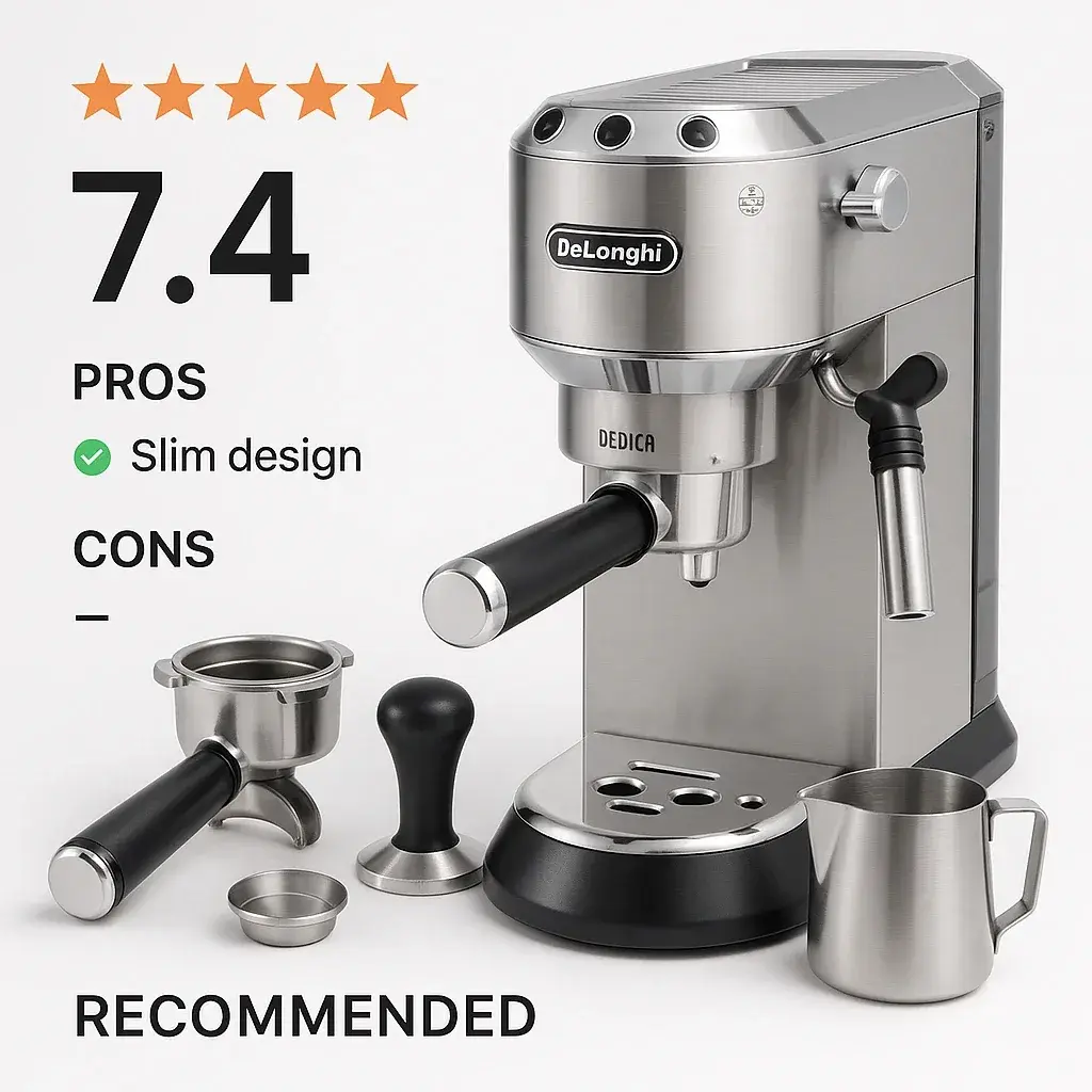 نتیجه نهایی و امتیاز دِدیکا نتیجه نهایی بررسی اسپرسوساز دلونگی دِدیکا با امتیاز هفت و چهار از ده و توصیه خرید