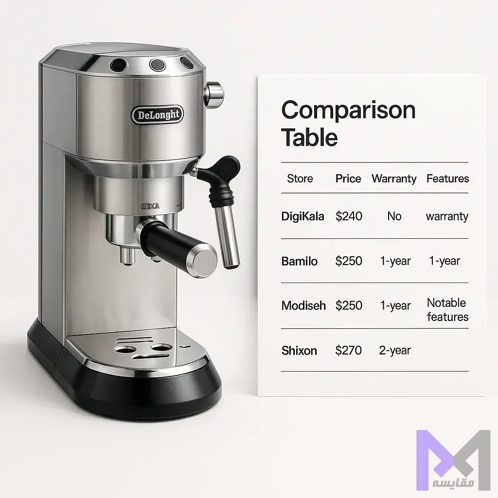 مقایسه قیمت دلونگی ددیکا در بازار جدول مقایسه قیمت خرید DeLonghi EC685 در فروشگاههای مختلف آنلاین ایران با نمایش تفاوت قیمت و نوع گارانتی