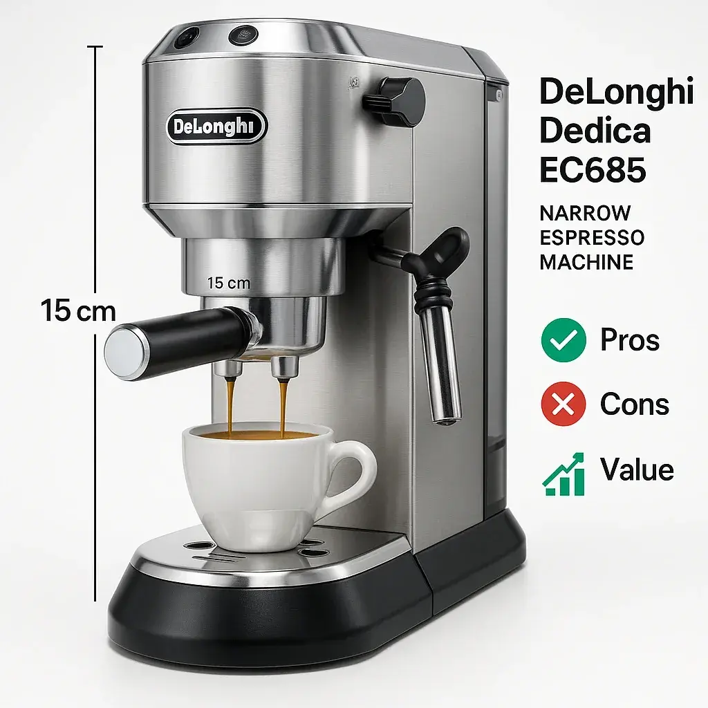 طراحی باریک دلونگی دِدیکا طراحی باریک و فشرده اسپرسوساز دلونگی دِدیکا با عرض 15 سانتیمتر و بدنه فلزی استیل