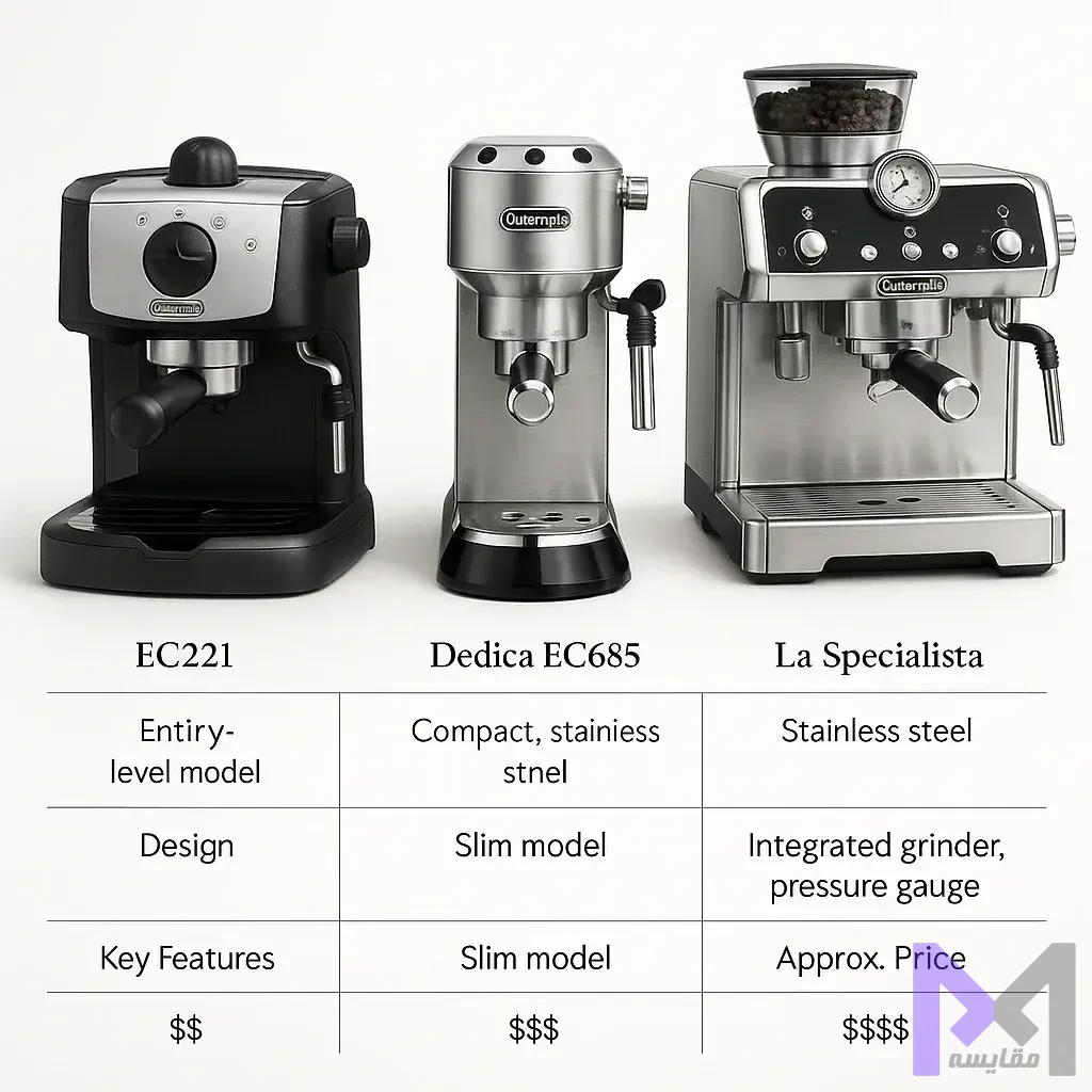 مقایسه مدلهای دلونگی مقایسه سه مدل اسپرسوساز دلونگی EC221، Dedica EC685 و La Specialista از نظر طراحی، امکانات و محدوده قیمت