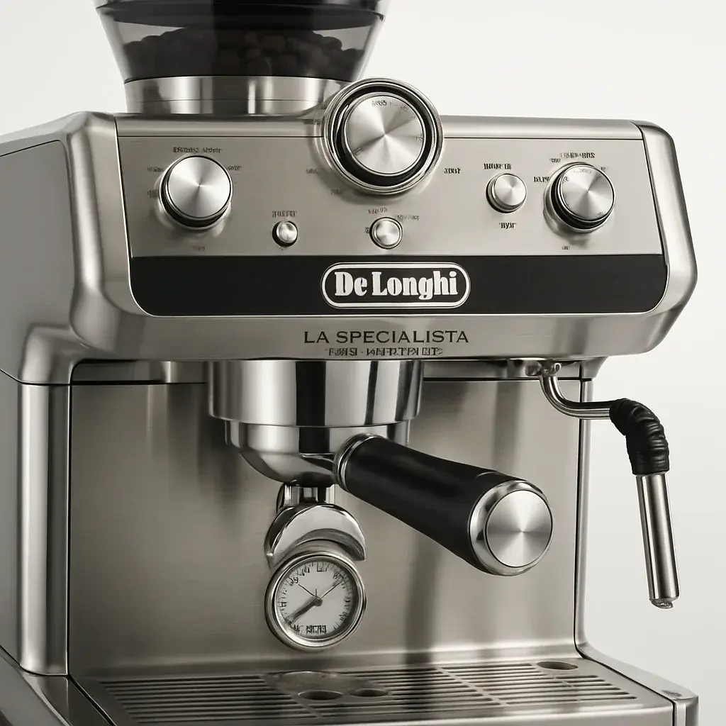 کیفیت ساخت و طراحی نمای نزدیک از کیفیت ساخت و جنس بدنه استیل دستگاه دلونگی پرستیژیو با جزئیات طراحی