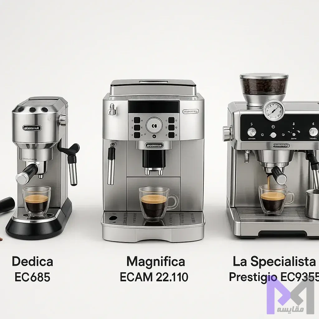 مقایسه سه مدل DeLonghi سه مدل DeLonghi شامل Dedica، Magnifica و La Specialista در کنار هم برای مقایسه کامل ویژگیها و عملکرد