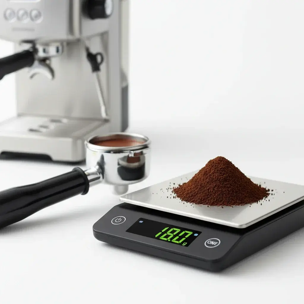 ترازوی دیجیتال دقیق در حال اندازه‌گیری 18 گرم قهوه آسیاب شده برای استخراج اسپرسو