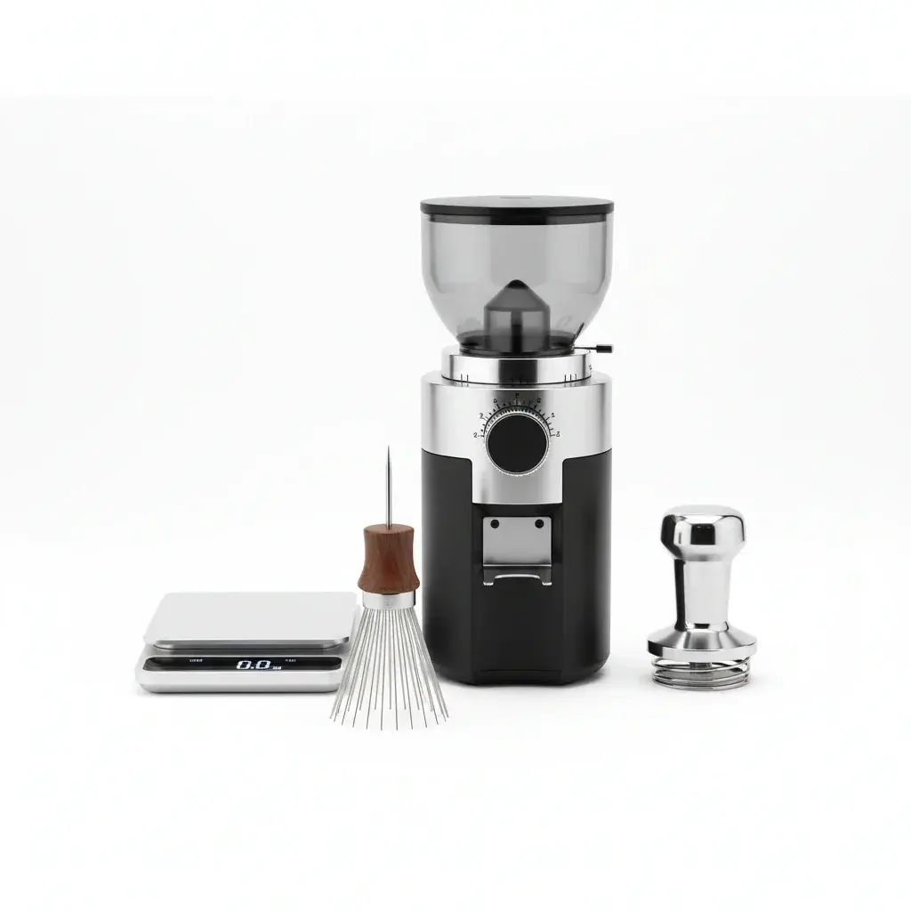تجهیزات اسپرسوساز لوازم جانبی ضروری اسپرسوساز خانگی شامل آسیاب حرفهای، تمپر کالیبره شده، ترازوی دیجیتال و ابزار WDT