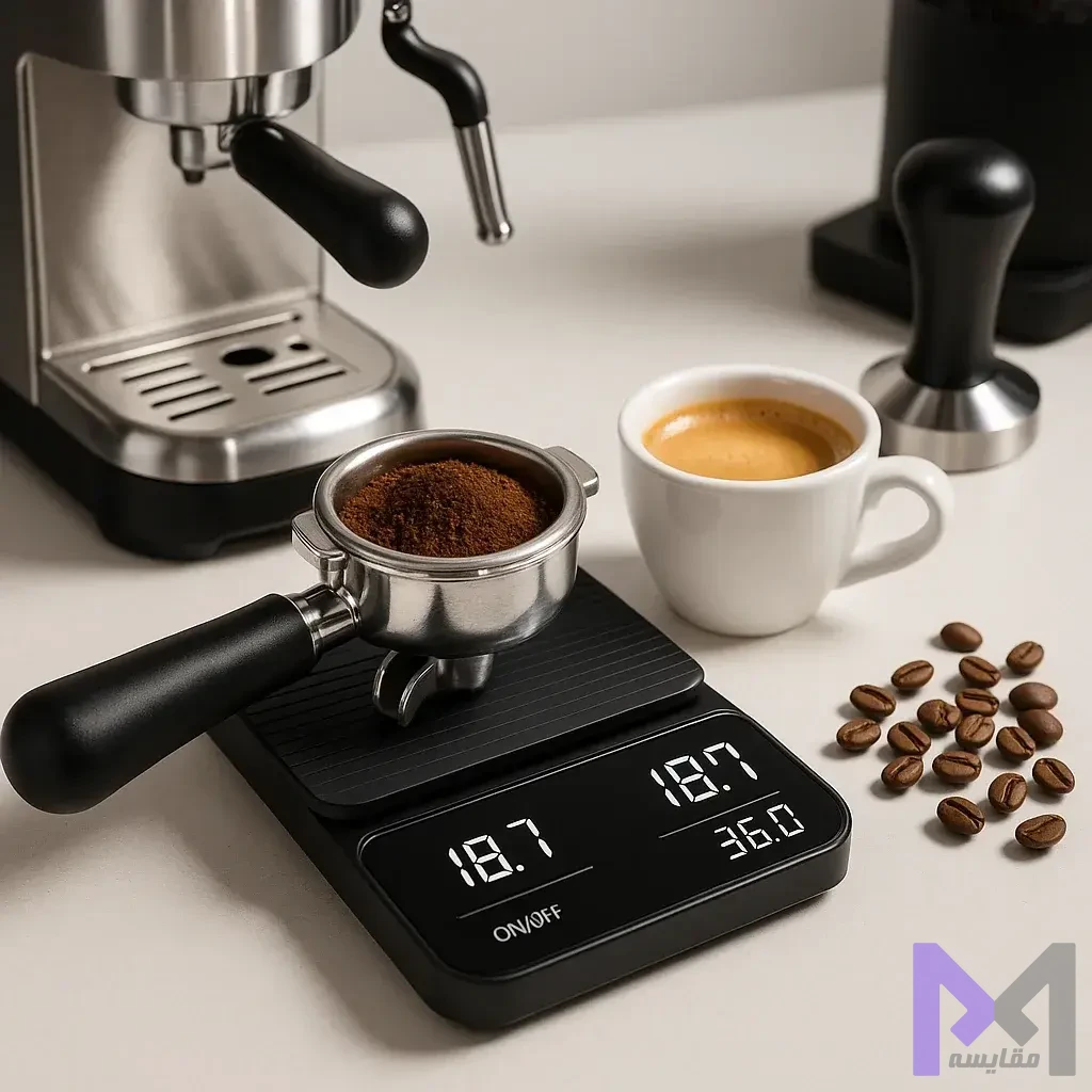 تنظیم دوز و نسبت استخراج اسپرسو اندازهگیری دقیق دوز قهوه و نسبت استخراج با ترازوی دیجیتال در کنار فنجان اسپرسو