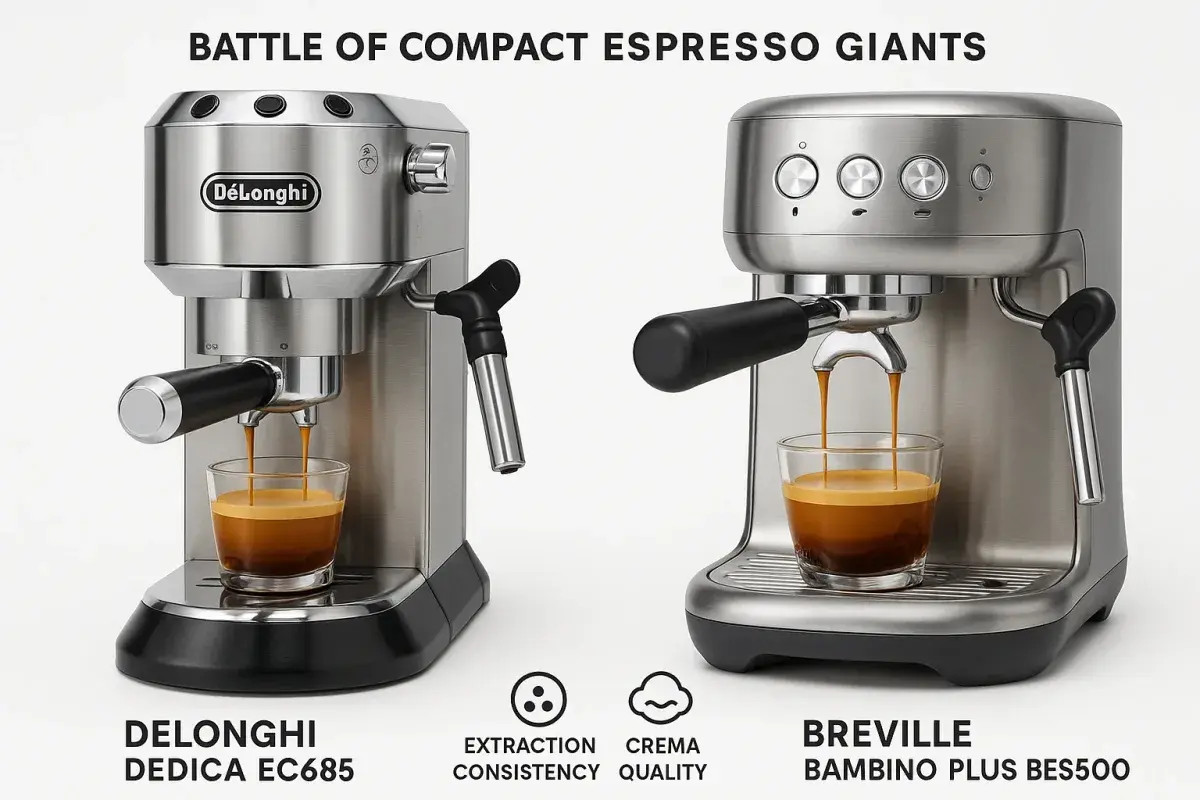 کیفیت اسپرسو دو دستگاه مقایسه کیفیت استخراج اسپرسو و کرمای تولیدی در دلونگی دِدیکا و بریویل بامبینو پلاس