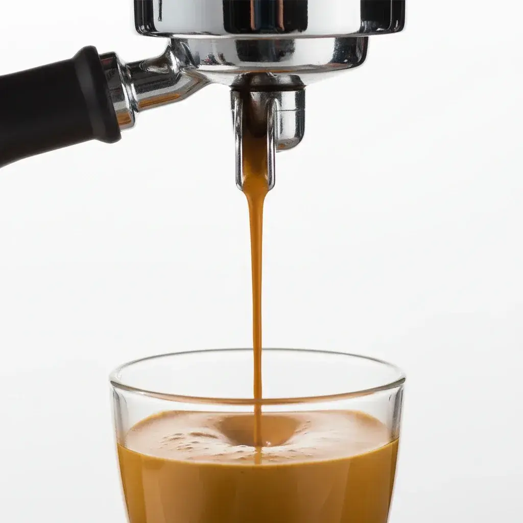 شات اسپرسوی کامل با کرمای طلایی رنگ و جریان یکنواخت از پورتافیلتر در حال استخراج