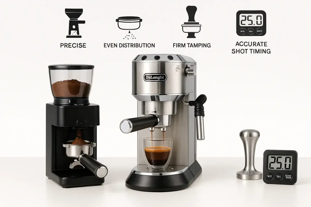 تکنیک صحیح عصارهگیری اسپرسو آموزش گام به گام عصارهگیری اسپرسو شامل آسیاب، توزیع پودر، تمپینگ و زمانسنجی