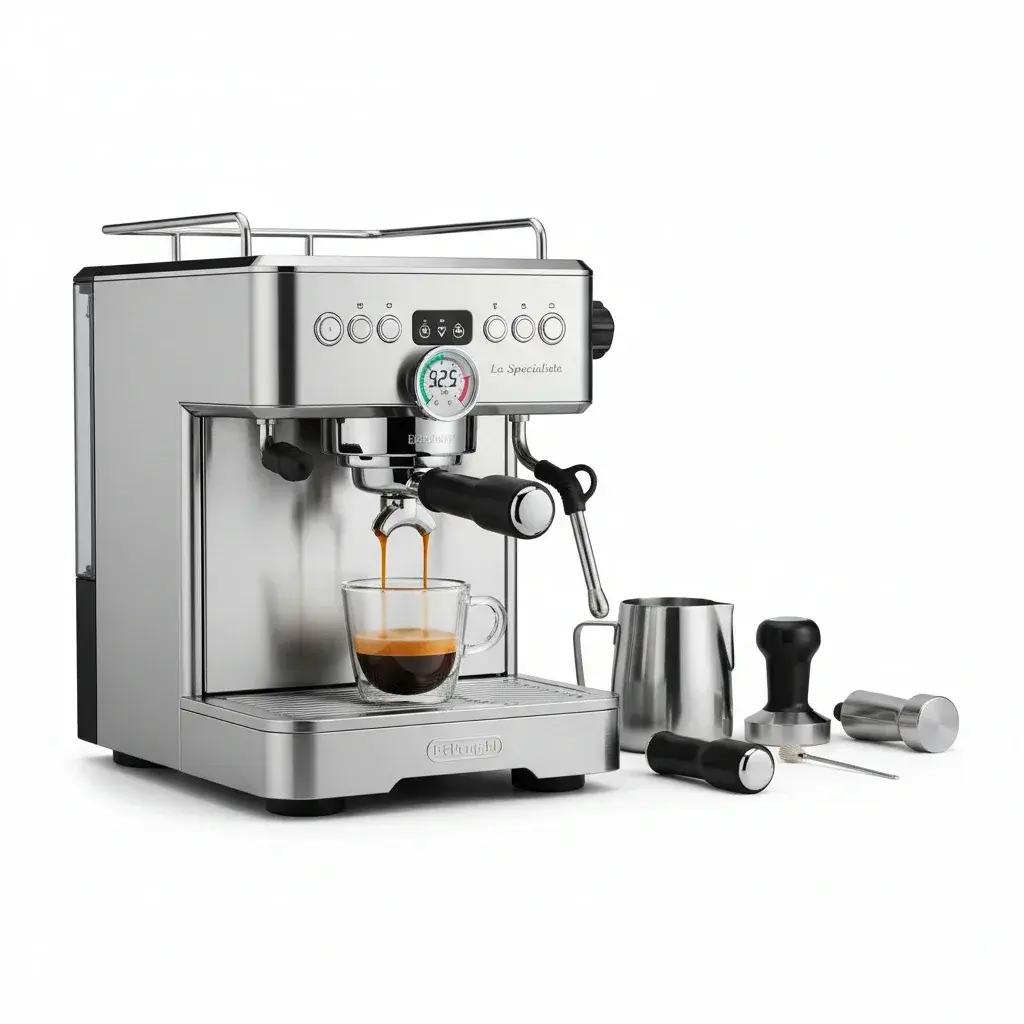 تست دقت دما و فشار اکستراکشن اسپرسو در دلونگی EC9355 با ترمومتر دیجیتال و فشارسنج