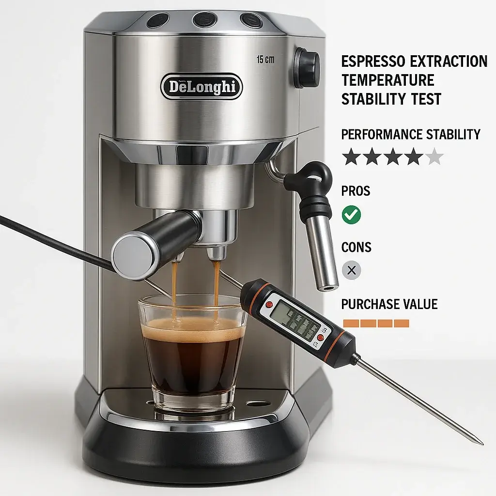 تست دمای عصارهگیری دِدیکا تست دمای عصارهگیری اسپرسوساز دلونگی با دماسنج دیجیتال و اندازهگیری ثبات حرارتی