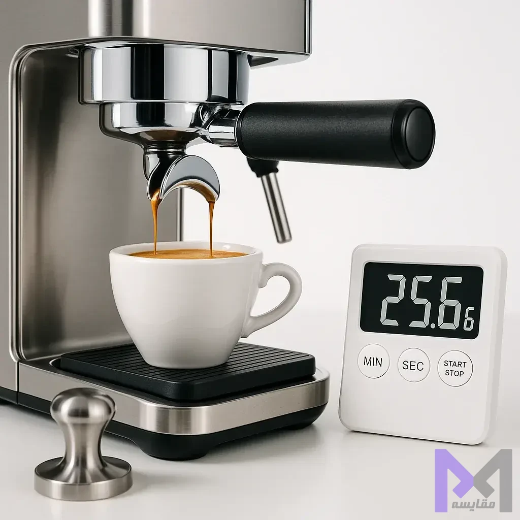 کنترل زمان استخراج اسپرسو اندازهگیری زمان استخراج اسپرسو با تایمر دیجیتال و مشاهده جریان قهوه از پورتافیلتر
