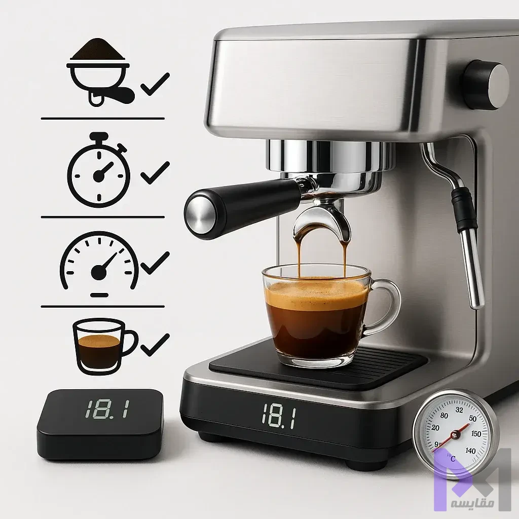 متغیرهای استخراج اسپرسو نمودار متغیرهای کلیدی استخراج اسپرسو شامل دوز، زمان، دما و حجم خروجی با مقادیر ایدهآل