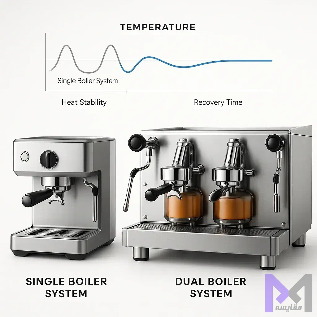 تفاوت بویلر اسپرسوساز مقایسه سیستم بویلر تک و دوگانه در اسپرسوساز خانگی و کافیشاپی با نمودار دمایی