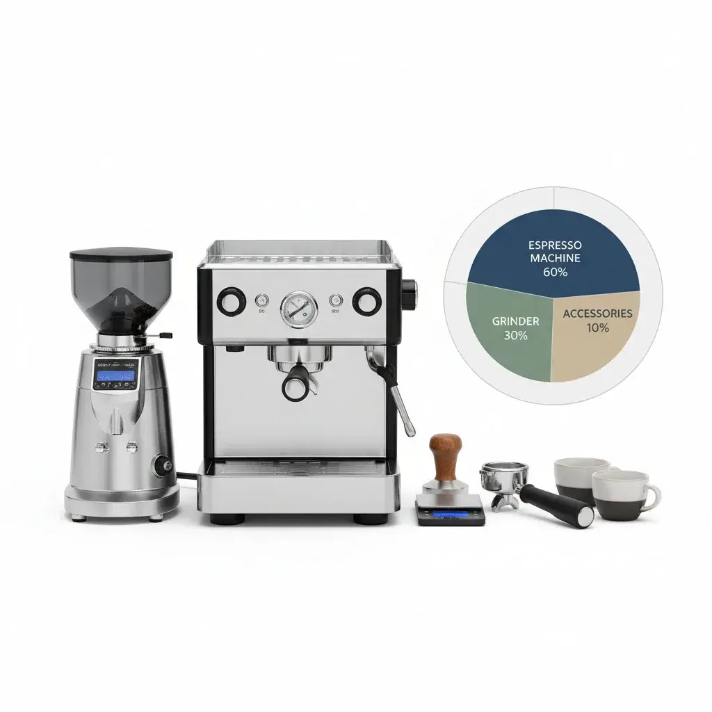 تقسیم بودجه خرید اسپرسوساز نمودار تقسیم بودجه برای خرید اسپرسوساز خانگی شامل 60 درصد دستگاه، 30 درصد آسیاب و 10 درصد لوازم جانبی