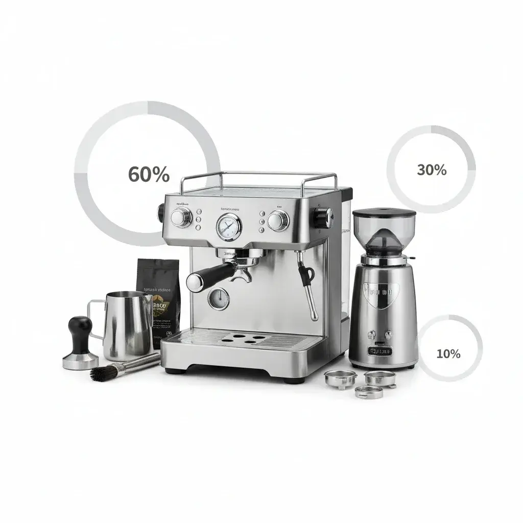 بودجهبندی خرید اسپرسوساز تقسیم بودجه خرید اسپرسوساز خانگی شامل 60 درصد دستگاه، 30 درصد آسیاب و 10 درصد لوازم جانبی