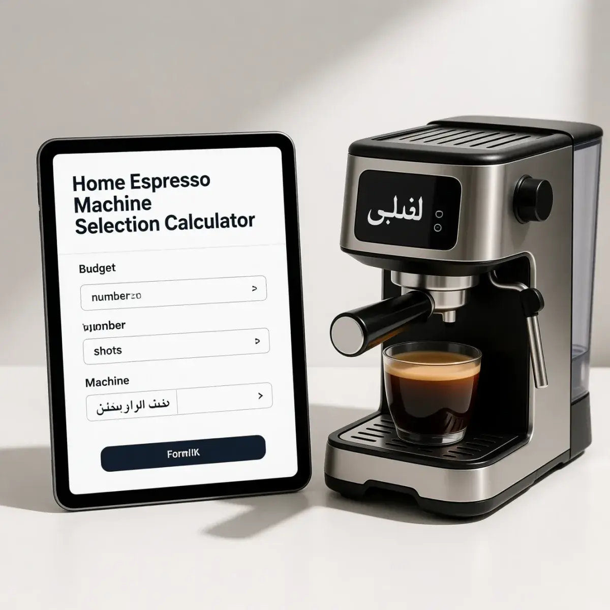 محاسبه‌گر انتخاب بهترین اسپرسوساز خانگی با نمایش فرم ورودی برای بودجه، تعداد شات و نوع دستگاه