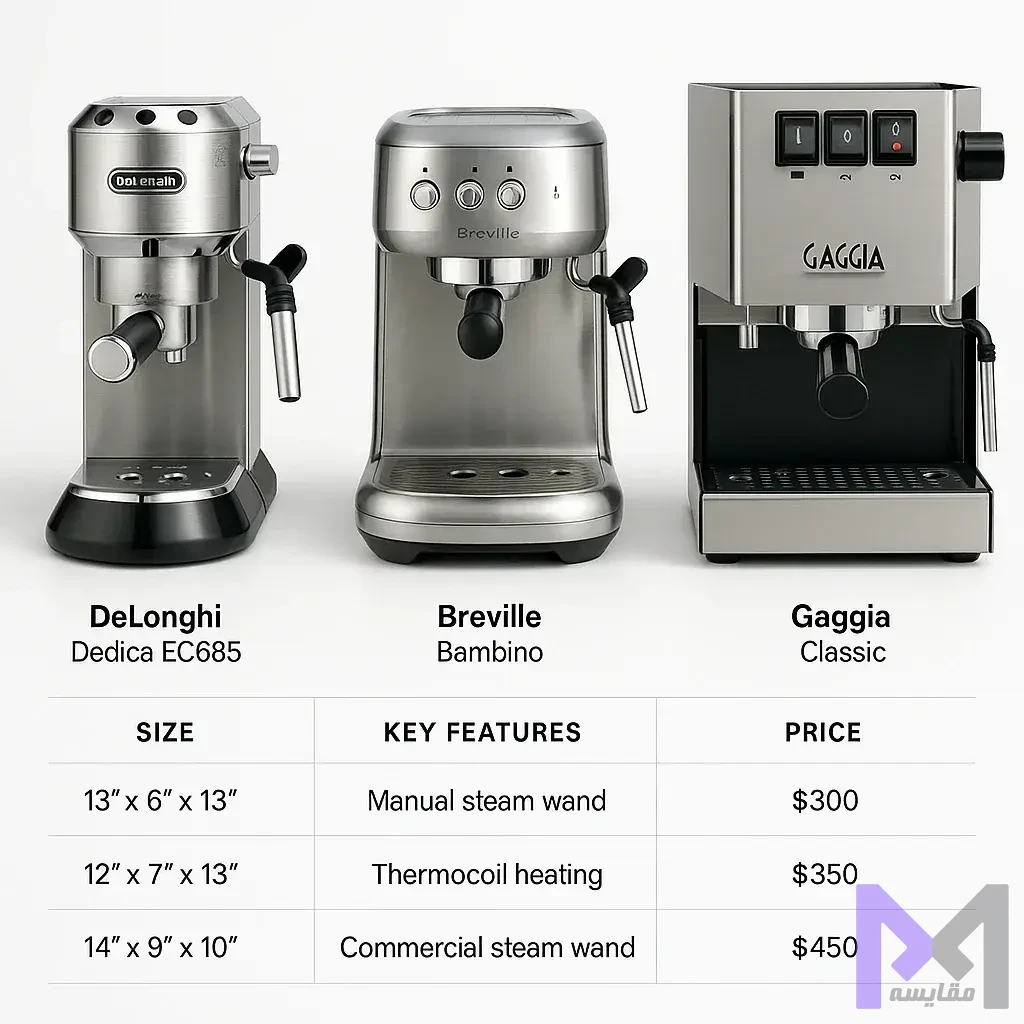 مقایسه اسپرسوسازهای رقیب مقایسه بصری سه اسپرسوساز خانگی DeLonghi Dedica، Breville Bambino و Gaggia Classic از نظر اندازه، امکانات و قیمت