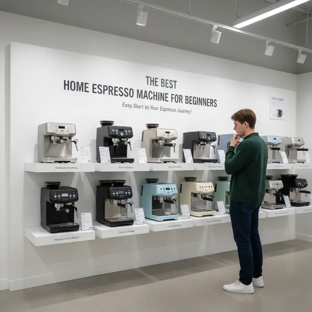 مبتدی در حال انتخاب بین انواع اسپرسوساز خانگی با ویژگی‌ها و قیمت‌های مختلف در فروشگاه