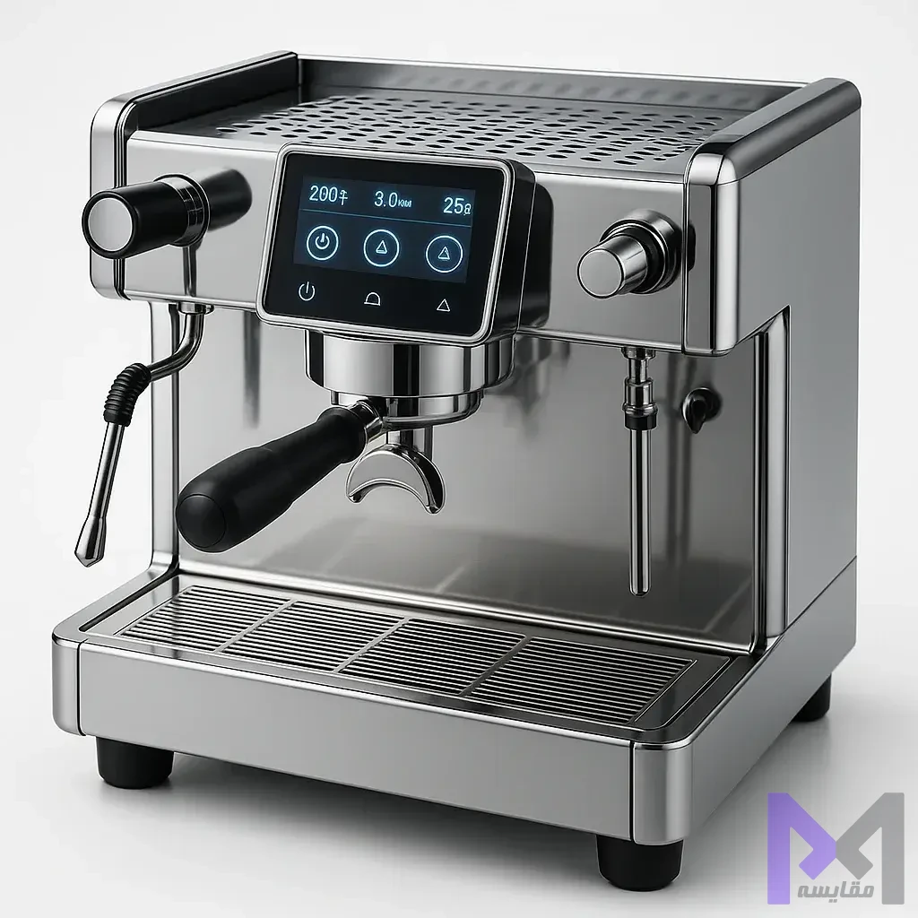 سیستم کنترل دیجیتال اسپرسوساز صفحه نمایش دیجیتال و سیستم کنترل هوشمند در دستگاه اسپرسوساز کافیشاپی مدرن